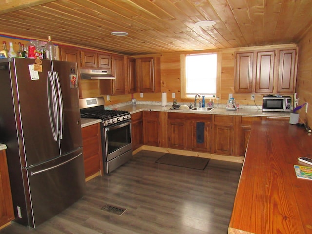 kitchen featuring dark wood-type flooring, sink, wood ceiling, stainless steel appliances, and light stone countertops