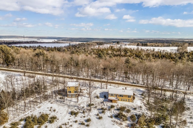 snowy aerial view with a water view