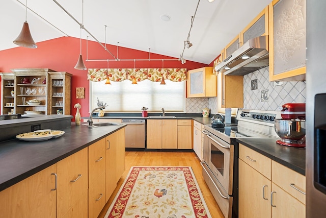 kitchen with dark countertops, stainless steel appliances, under cabinet range hood, light brown cabinets, and a sink