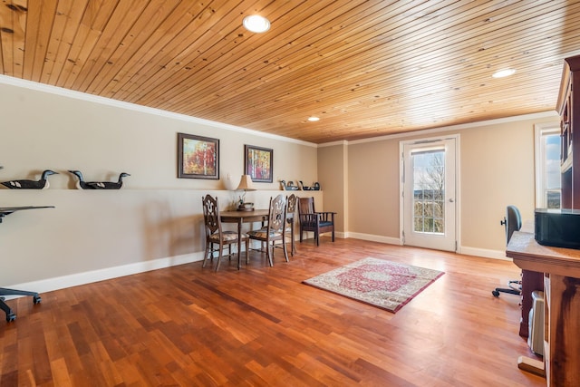 office area with baseboards, wooden ceiling, ornamental molding, wood finished floors, and recessed lighting