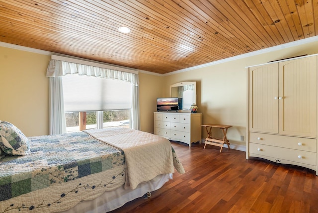 bedroom with dark wood-style flooring, wooden ceiling, crown molding, and baseboards