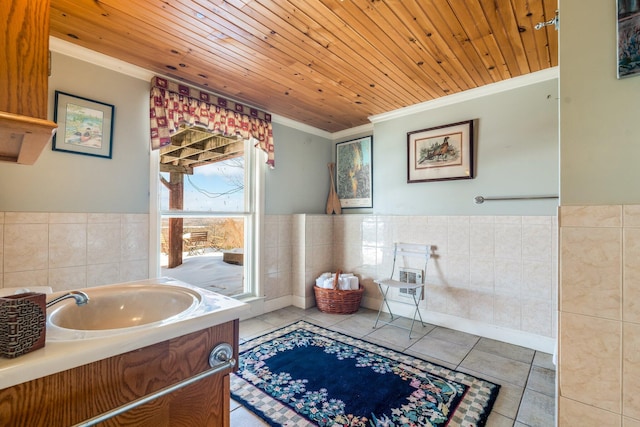 bathroom featuring wood ceiling, tile patterned flooring, ornamental molding, and tile walls