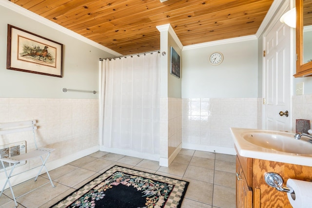 bathroom with wood ceiling, tile walls, and tile patterned floors