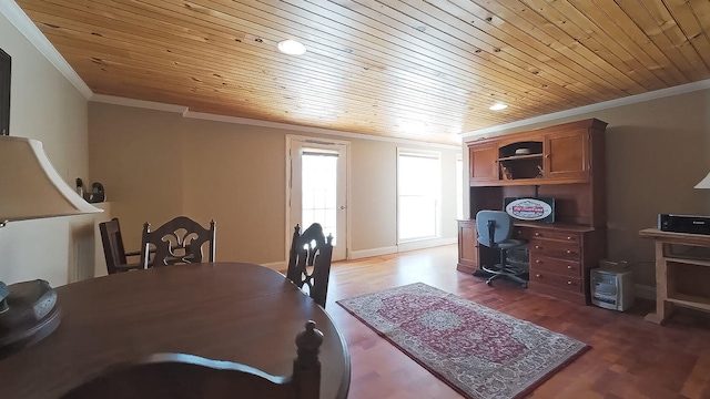 office featuring wooden ceiling, ornamental molding, and wood finished floors