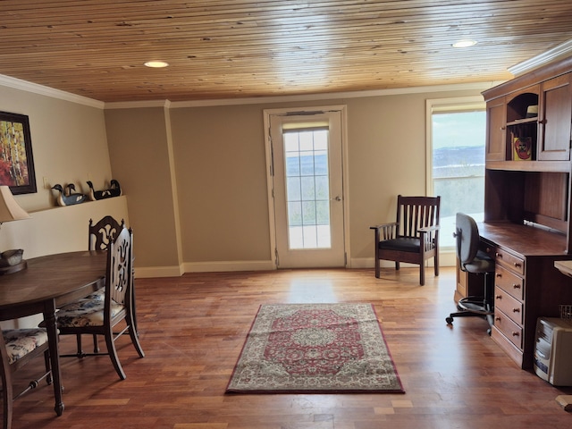 528 W Rd, Belgrade, ME 04917 - home office with ornamental molding, wooden ceiling, plenty of natural light, wood finished floors, and recessed lighting