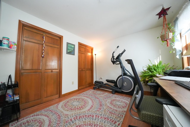 exercise room with light hardwood / wood-style flooring