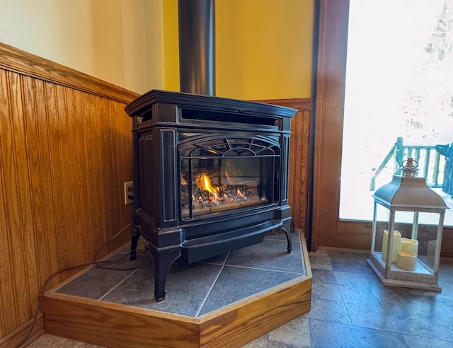 details with a wood stove and wooden walls