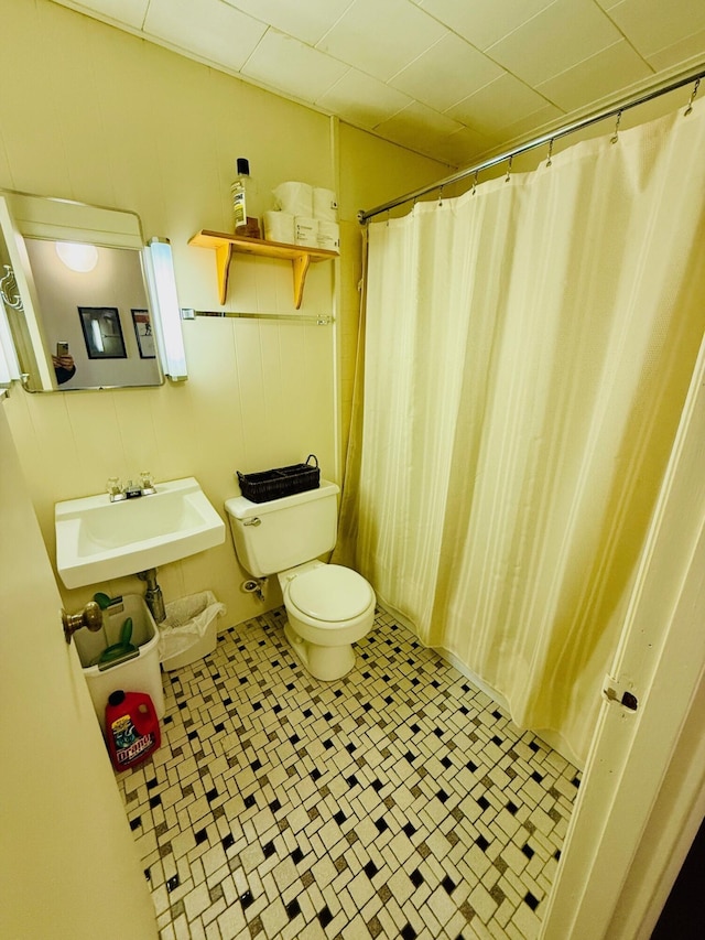 bathroom with toilet, curtained shower, and sink