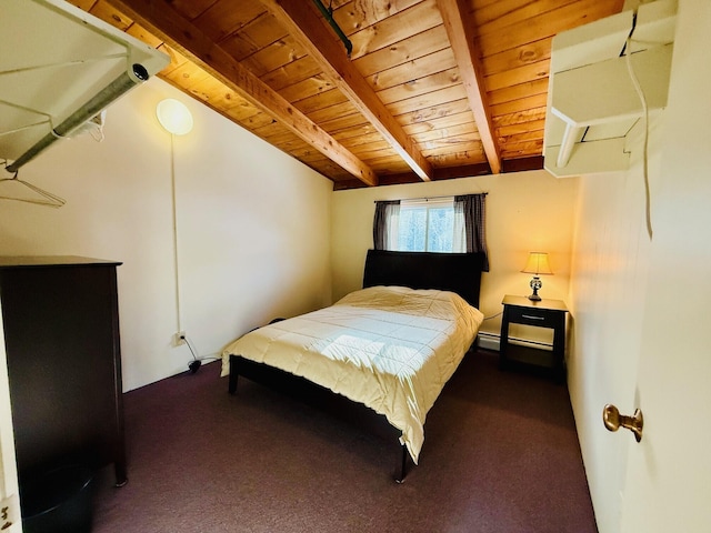 carpeted bedroom with lofted ceiling with beams and wooden ceiling