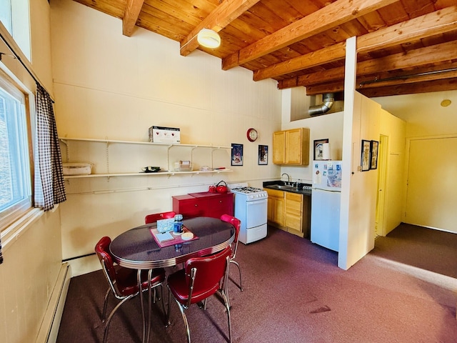 kitchen featuring sink, white appliances, beam ceiling, wooden ceiling, and light brown cabinets