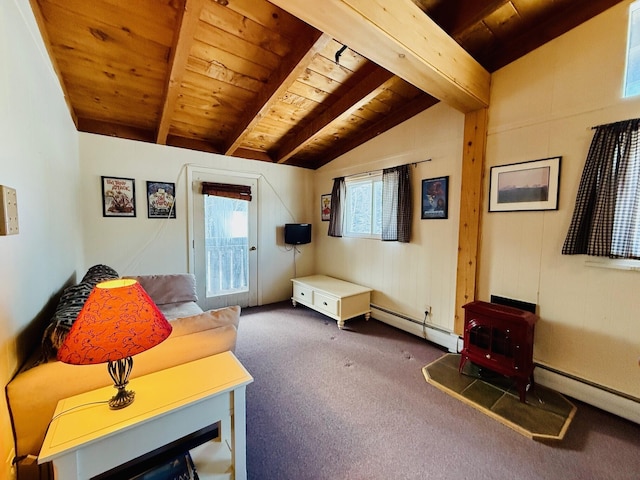 sitting room with wood ceiling, a baseboard radiator, lofted ceiling with beams, and a wood stove