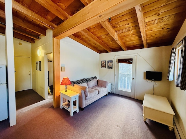 carpeted living room featuring lofted ceiling with beams and wooden ceiling