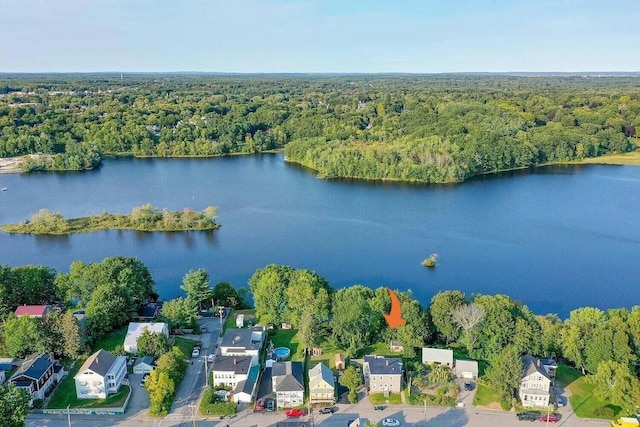 drone / aerial view with a forest view and a water view