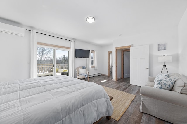 bedroom with hardwood / wood-style floors, a baseboard heating unit, a wall mounted AC, and access to outside