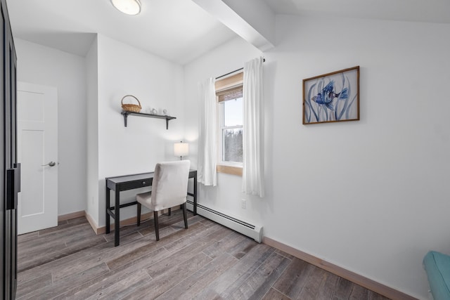 office featuring baseboard heating and wood-type flooring