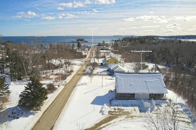 snowy aerial view featuring a water view