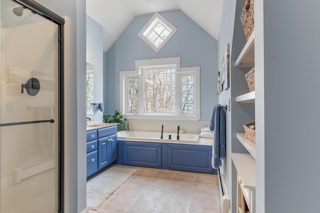 bathroom with shower with separate bathtub, lofted ceiling, vanity, baseboard heating, and tile patterned floors