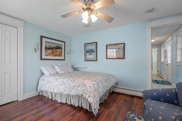 bedroom featuring dark hardwood / wood-style flooring, ceiling fan, and baseboard heating