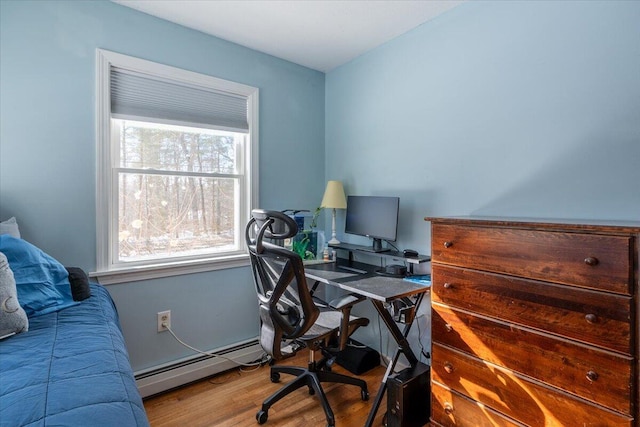 office space with hardwood / wood-style flooring and baseboard heating