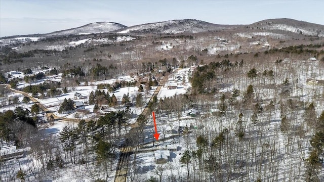 snowy aerial view with a mountain view