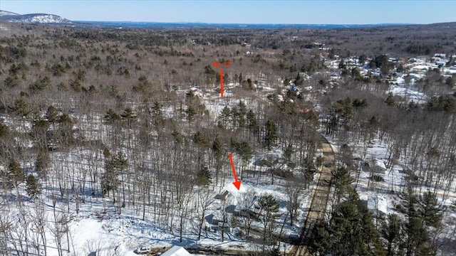 snowy aerial view with a mountain view