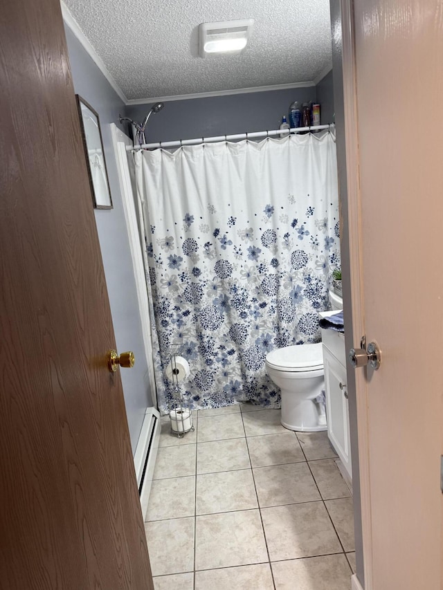 bathroom with baseboard heating, ornamental molding, tile patterned flooring, and walk in shower