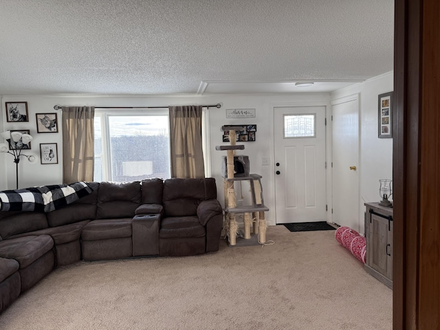 living room with plenty of natural light, carpet floors, and a textured ceiling