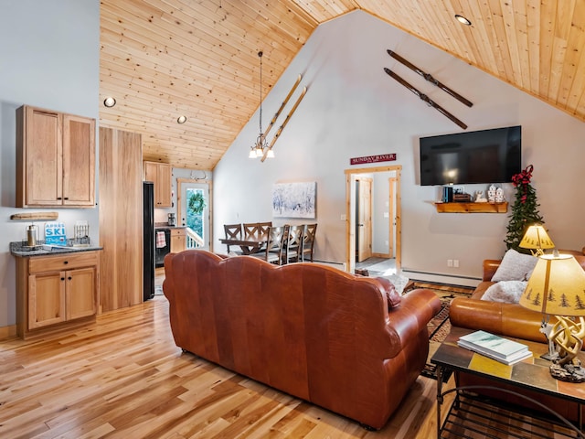 living room with high vaulted ceiling, wood ceiling, light hardwood / wood-style floors, and baseboard heating