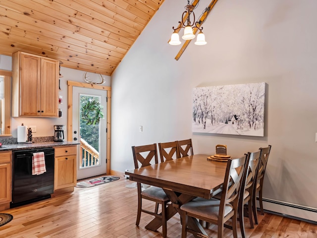 dining room featuring wood ceiling, lofted ceiling, light hardwood / wood-style floors, and baseboard heating