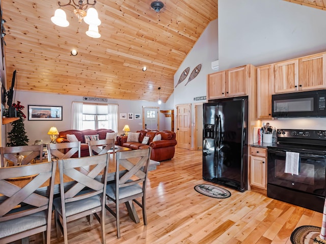 kitchen with light hardwood / wood-style flooring, wooden ceiling, light brown cabinetry, and black appliances