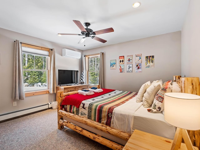 carpeted bedroom featuring a wall mounted air conditioner, a baseboard radiator, and ceiling fan