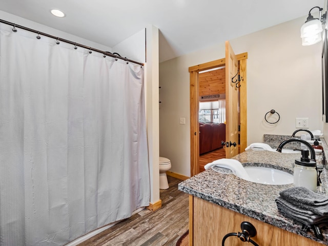 bathroom with wood-type flooring, vanity, and toilet