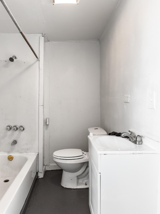 full bathroom with vanity, toilet, bathing tub / shower combination, and concrete floors