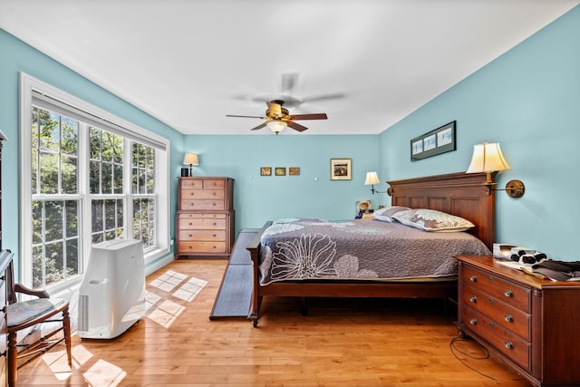 bedroom featuring ceiling fan and light hardwood / wood-style flooring