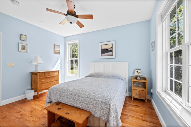 bedroom with ceiling fan and light hardwood / wood-style floors