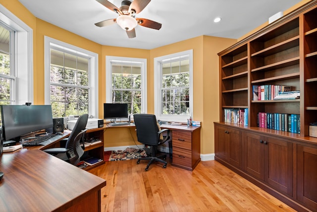 home office featuring ceiling fan and light wood-type flooring