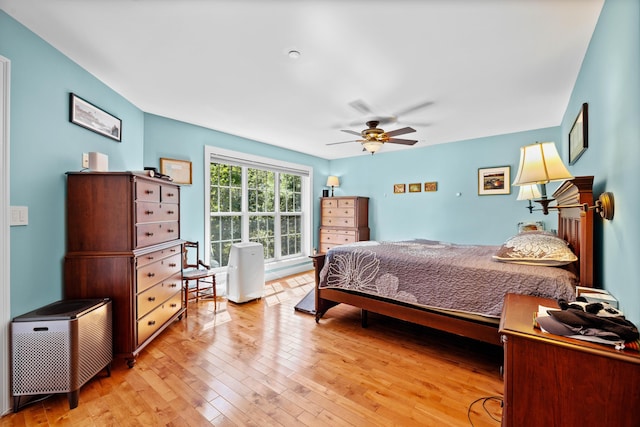 bedroom with ceiling fan and light wood-type flooring