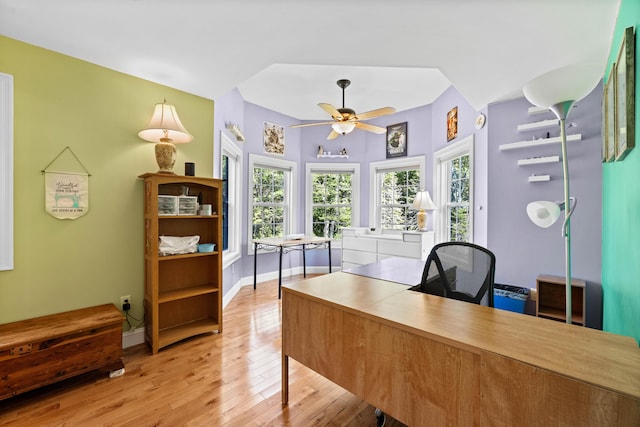 office area featuring ceiling fan and light hardwood / wood-style floors