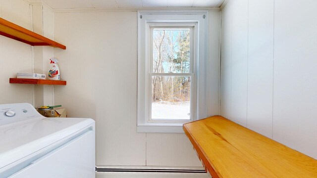 laundry area with a baseboard radiator, washer / dryer, and laundry area