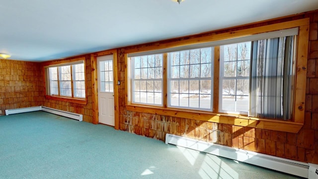 unfurnished room featuring carpet floors and a baseboard radiator