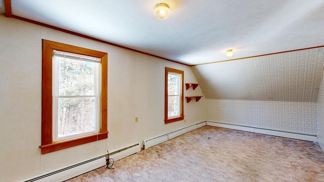 carpeted empty room featuring vaulted ceiling, a wealth of natural light, and a baseboard radiator