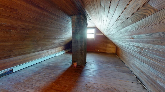 additional living space featuring wooden walls, a baseboard heating unit, lofted ceiling, wooden ceiling, and hardwood / wood-style flooring