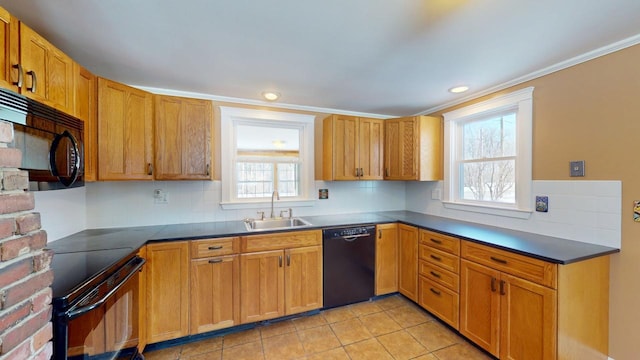 kitchen featuring light tile patterned floors, a sink, black appliances, dark countertops, and backsplash