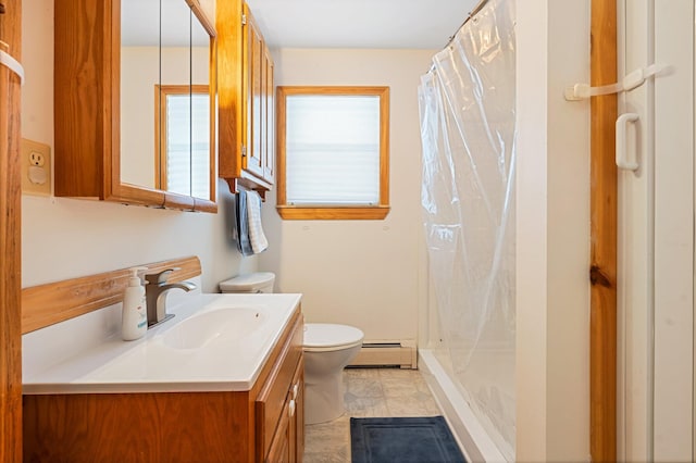 bathroom featuring a baseboard radiator, a shower stall, vanity, and toilet