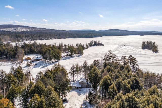 snowy aerial view featuring a mountain view