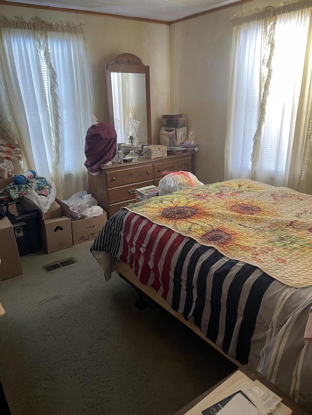 carpeted bedroom with multiple windows and visible vents