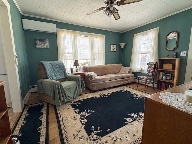 living room featuring an AC wall unit, ornamental molding, ceiling fan, hardwood / wood-style floors, and a baseboard heating unit