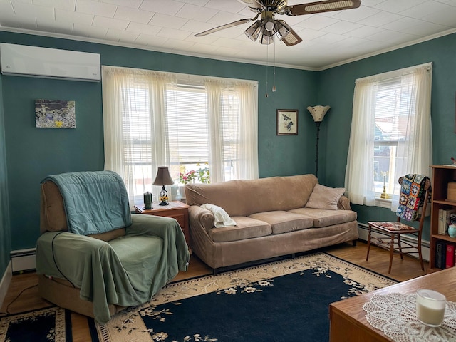 living room with wood-type flooring, crown molding, a baseboard radiator, and a wall mounted AC