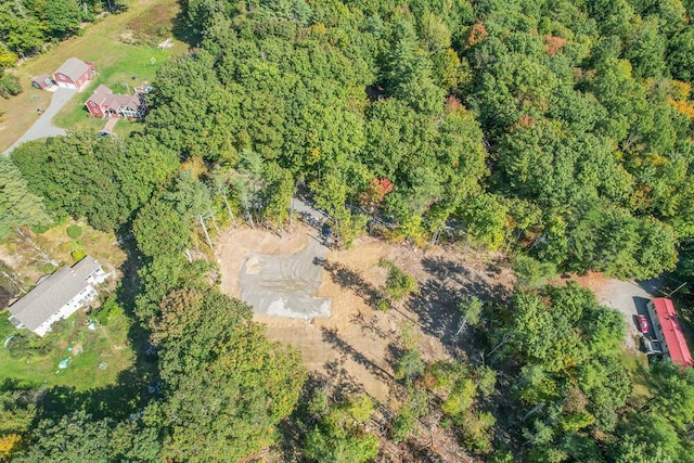 aerial view featuring a wooded view