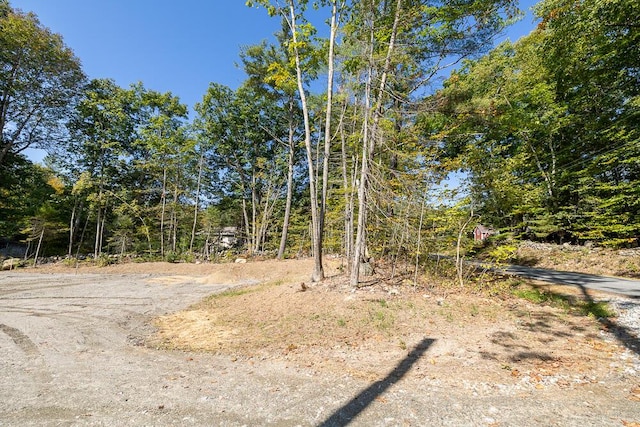 exterior space featuring a wooded view